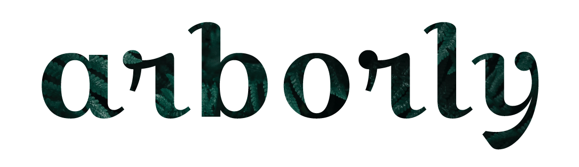 An image showing the word Arborly, with the body of the text made out of dark green leaves.
