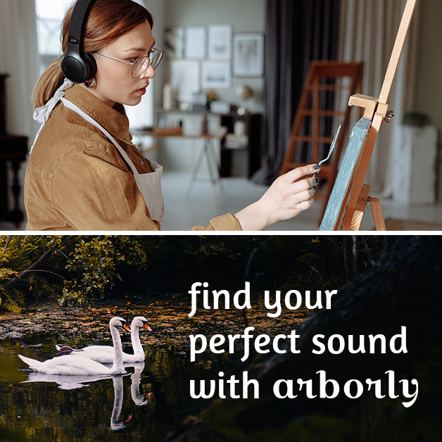 An image showing someone painting, above an image of swans on a lake. Text beside them reads Find your perfect sound with Arborly.