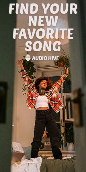 An image showing someone dancing. Text beside them reads Find your new favorite song. Audio Hive.