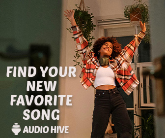 An image showing someone dancing. Text beside them reads Find your new favorite song. Audio Hive.