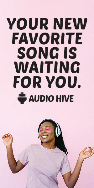 An image showing someone listening to music. Text beside them reads Your new favorite song is waiting for you. Audio Hive.
