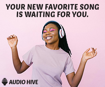 An image showing someone listening to music. Text beside them reads Your new favorite song is waiting for you. Audio Hive.
