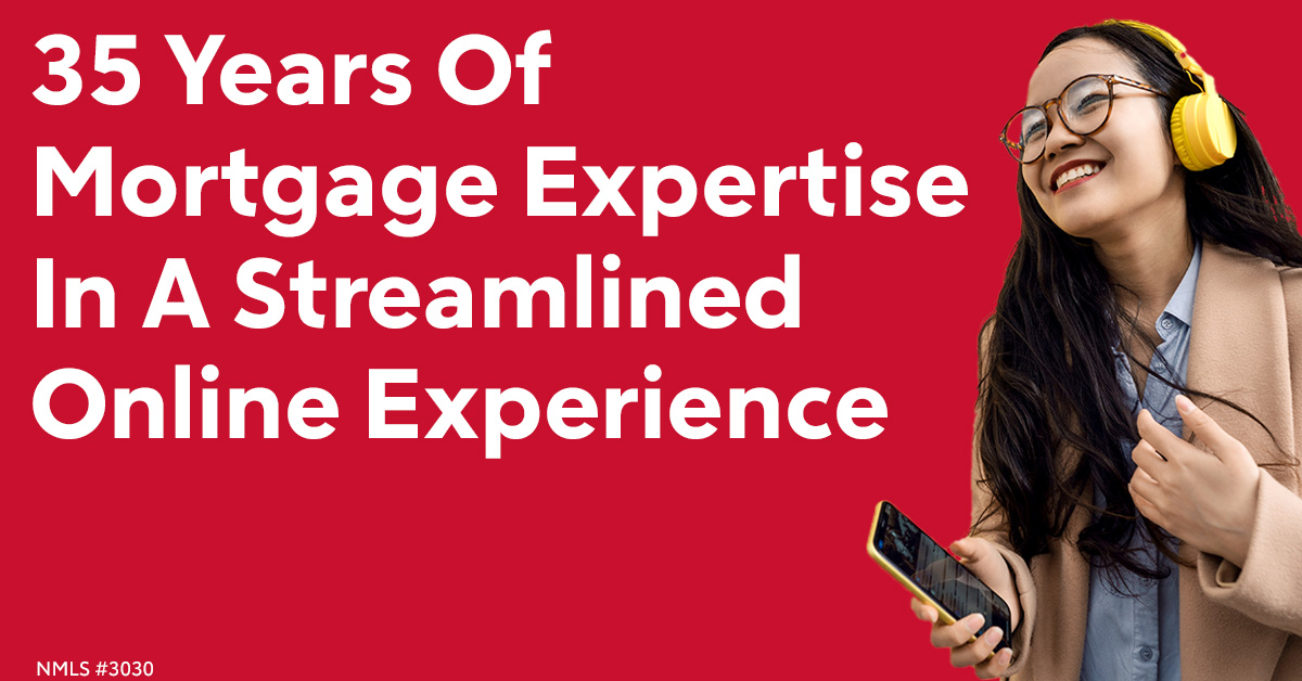 An image showing smiling in front of a red background. Text beside them reads 35 years of mortgage expertise in a streamlined online experience.