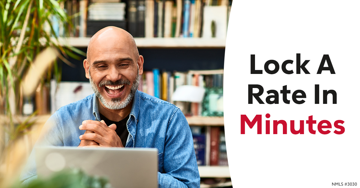 An image showing someone laughing as they look at their computer. Text beside them reads Lock a rate in minutes.