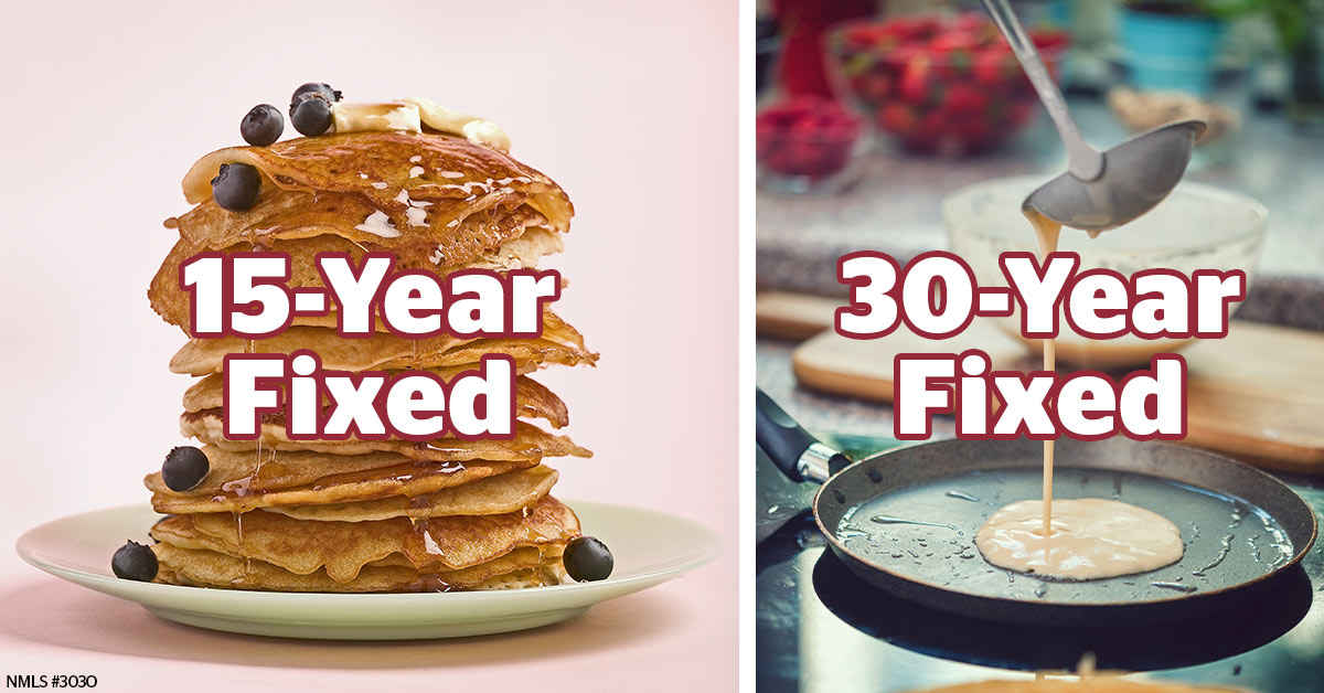 An image showing a stack of pancakes with text reading 15-year fixed, and someone making pancakes with text reading 30-year fixed.