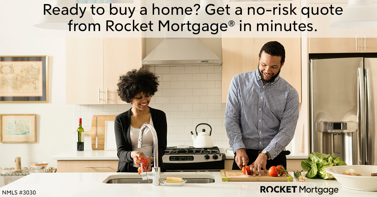 An image showing two people cooking and smiling. Text above them reads Ready to buy a home? Get a no-risk quote from Rocket Mortgage in minutes.