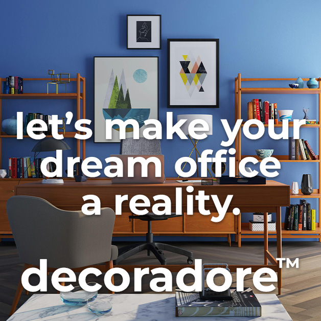 An image showing a blue office, with text overlaid that reads let's make your dream office a reality. decoradore.