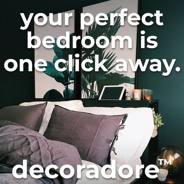 An image a green bedroom, with text overlaid that reads your perfect bedroom is one click away. decoradore.