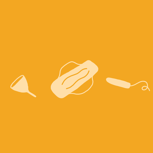 An animation of a menstrual cup, a pad, and a tampon that melt to form the words Demi Spaccavento